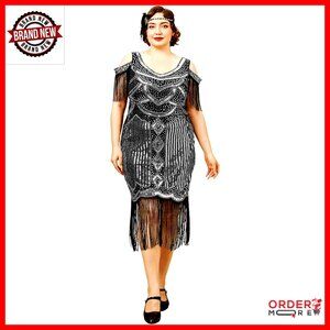 Plus Size Flapper Dress 1920s V-Neck Beaded Fringe Gatsby Party